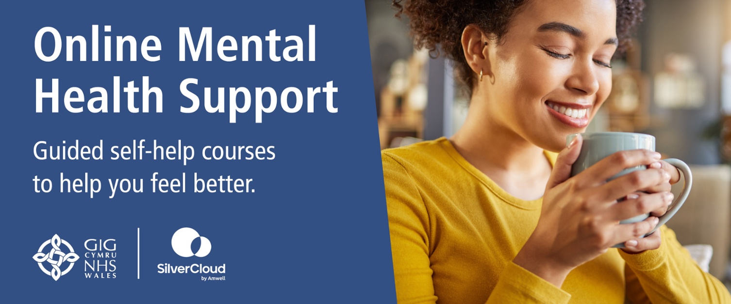 SilverCloud banner showing a lady on the phone and some text "Online Mental Health Support Guided self-help courses to make you feel better."