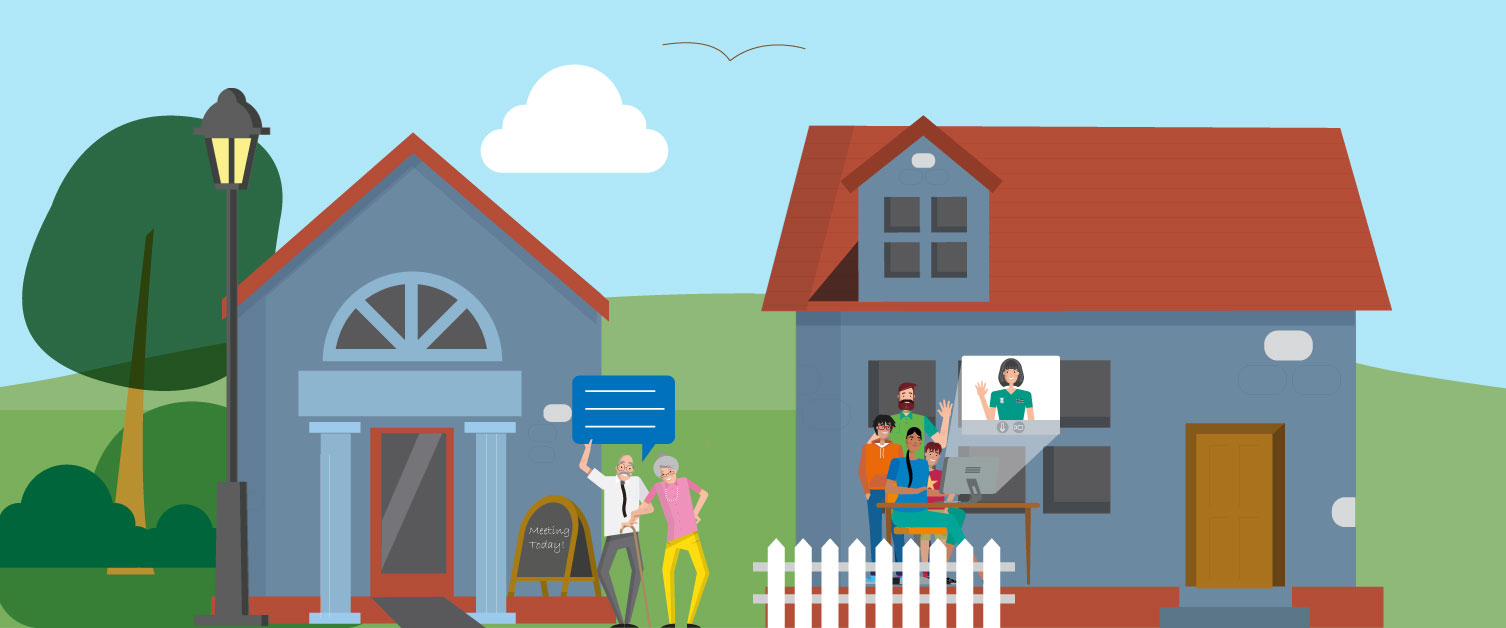 Two older people are going to a community event and a family takes part online from home.