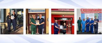 Staff ysbyty yn gwenu wrth weithio yn yr adran frys yn Ysbyty Glangwili / Uned Asesu Meddygol Aciwt Ysbyty Tywysog Philip / adran frys Ysbyty Llwynhelyg / adran frys Ysbyty Bronglais yn dal copi o’r pecyn anableddau dysgu.