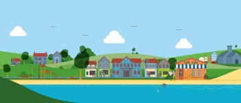 Pentref gwledig gyda thai carreg a bryniau gwyrdd.