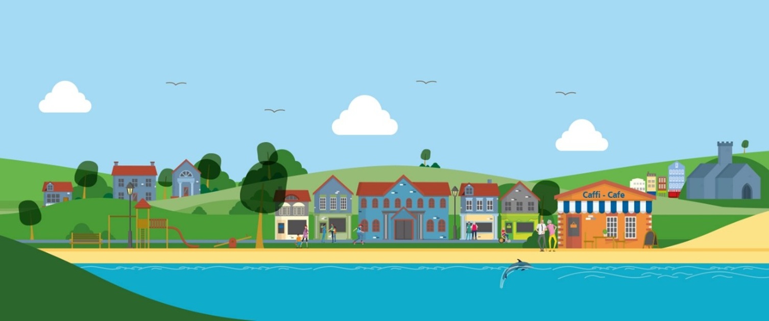 Pentref gwledig gyda thai carreg a bryniau gwyrdd.