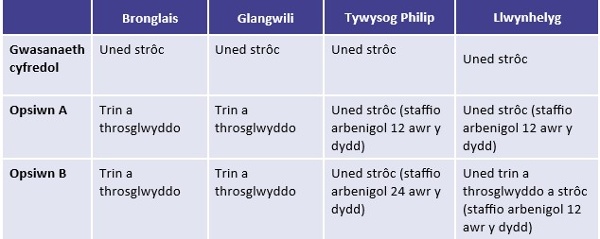 Tabl 8: Opsiynau ymgynghori – strôc
