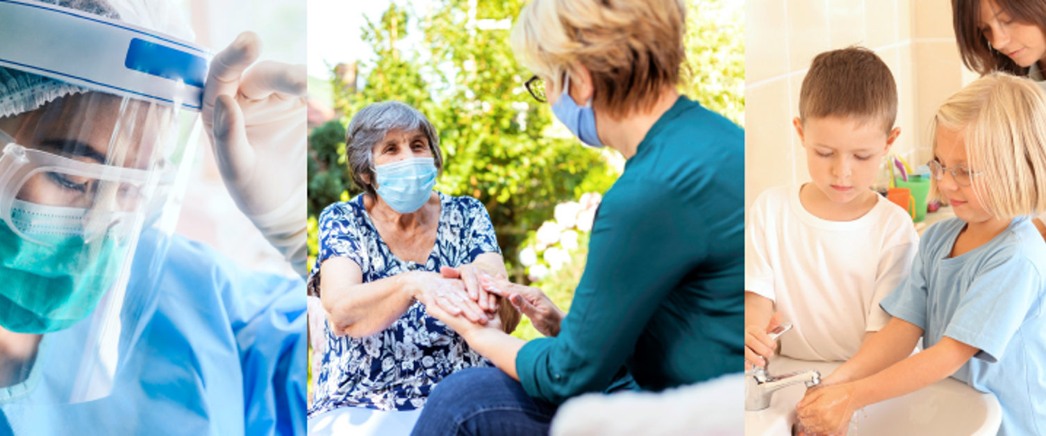 Three combined images of people preventing infection