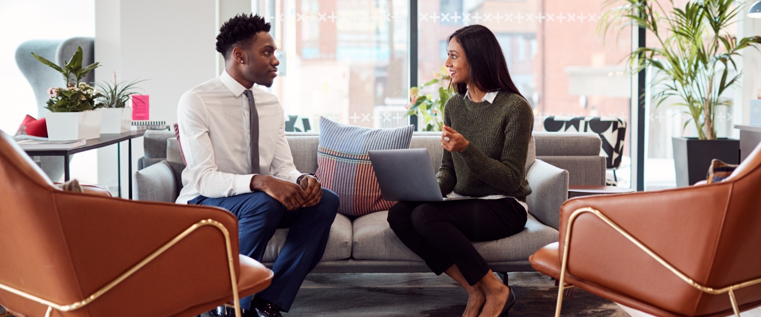 man and woman talking