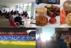 Collage of images showing food, football pitch and students