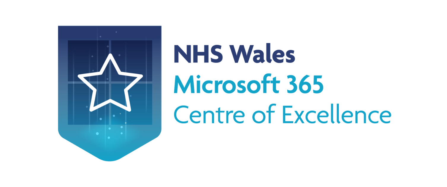 NHS Wales Microsoft 365 Centre of Excellence logo featuring a light blue pennant flag and a start