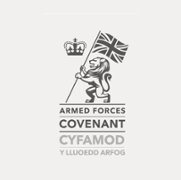 Logo featuring the Armed Forces Covenant, with a lion holding the Union Jack flag and a crown