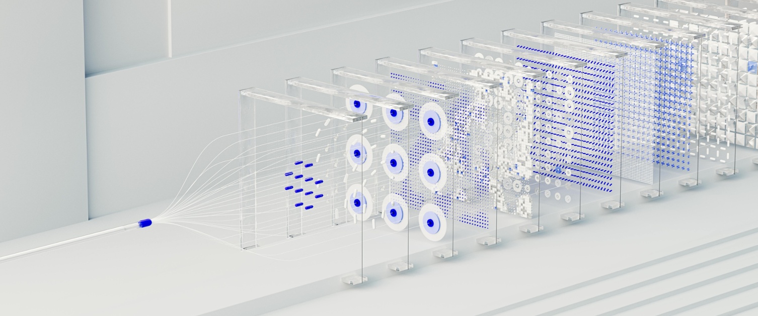 Graphics showing complex detailed shapes all coming together to one pipeline