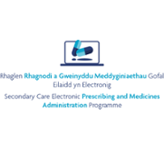 Logo for the Secondary Care Electronic Prescribing and Medicines Administration Programme, featuring a laptop with two large blue pills
