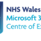 Logo for the NHS Wales Microsoft 365 Centre of Excellence, featuring a banner with a gradient that faces from dark blue to light blue with a star in the middle