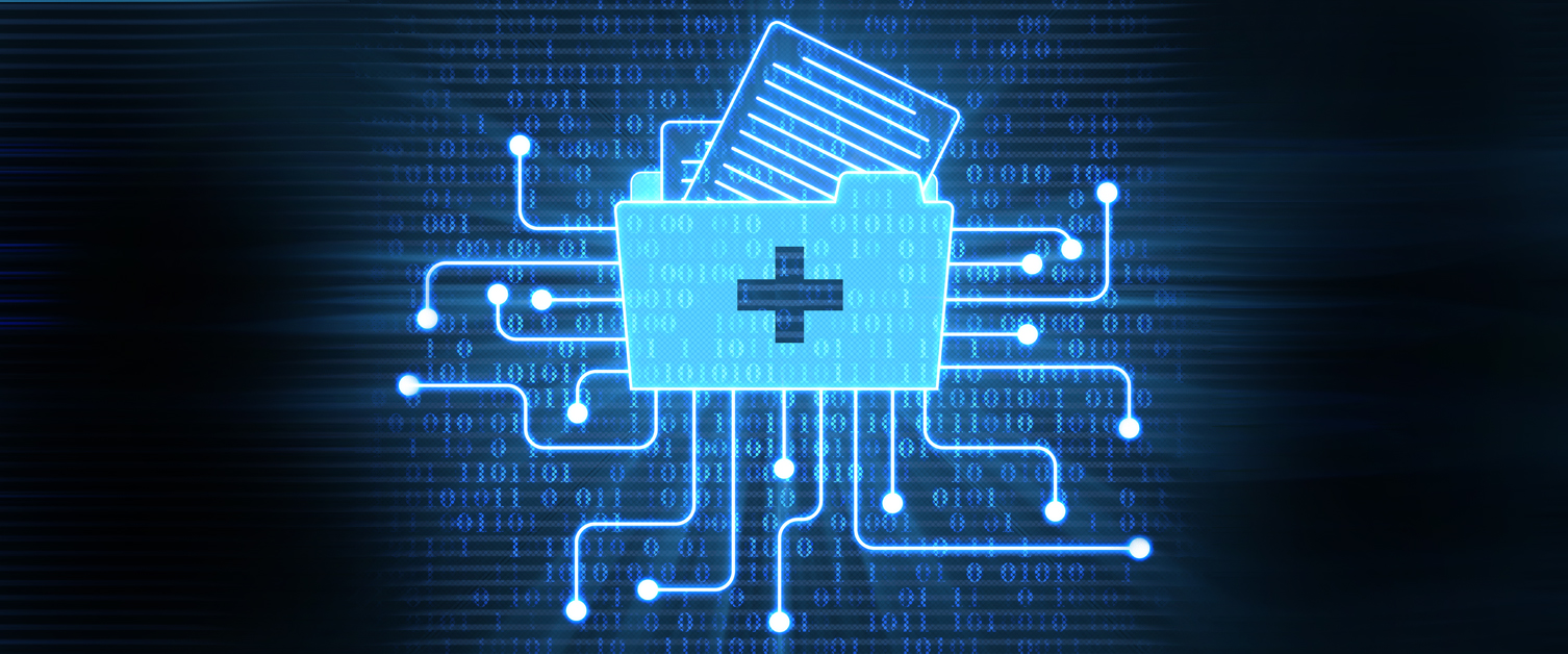 Image of a glowing blue file with a first aid cross on it that looks like a microchip, with binary code