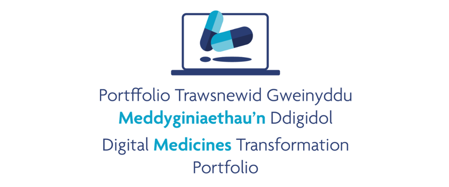 Logo for Digital Medicines Transformation Portfolio featuring a laptop with a blue pill