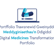 Logo for Digital Medicines Transformation Portfolio featuring a laptop with a blue pill