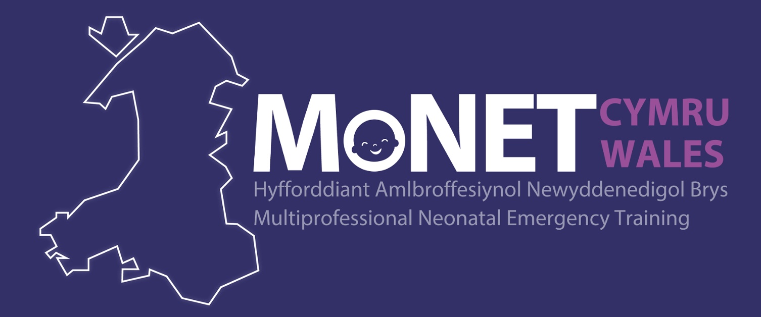 MoNET Wales Multiprofessional Neonatal Emergency Training logo, with a babies smiling face in the o of MoNET, next to the outline of the map of Wales.