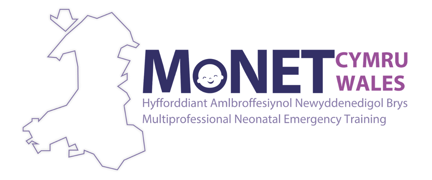 MoNET Wales Multiprofessional Neonatal Emergency Training logo, with a babies smiling face in the o of MoNET, next to the outline of the map of Wales.