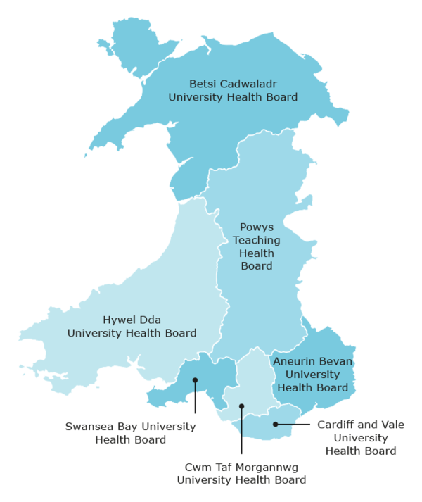 Map of Wales showing the seven health board areas