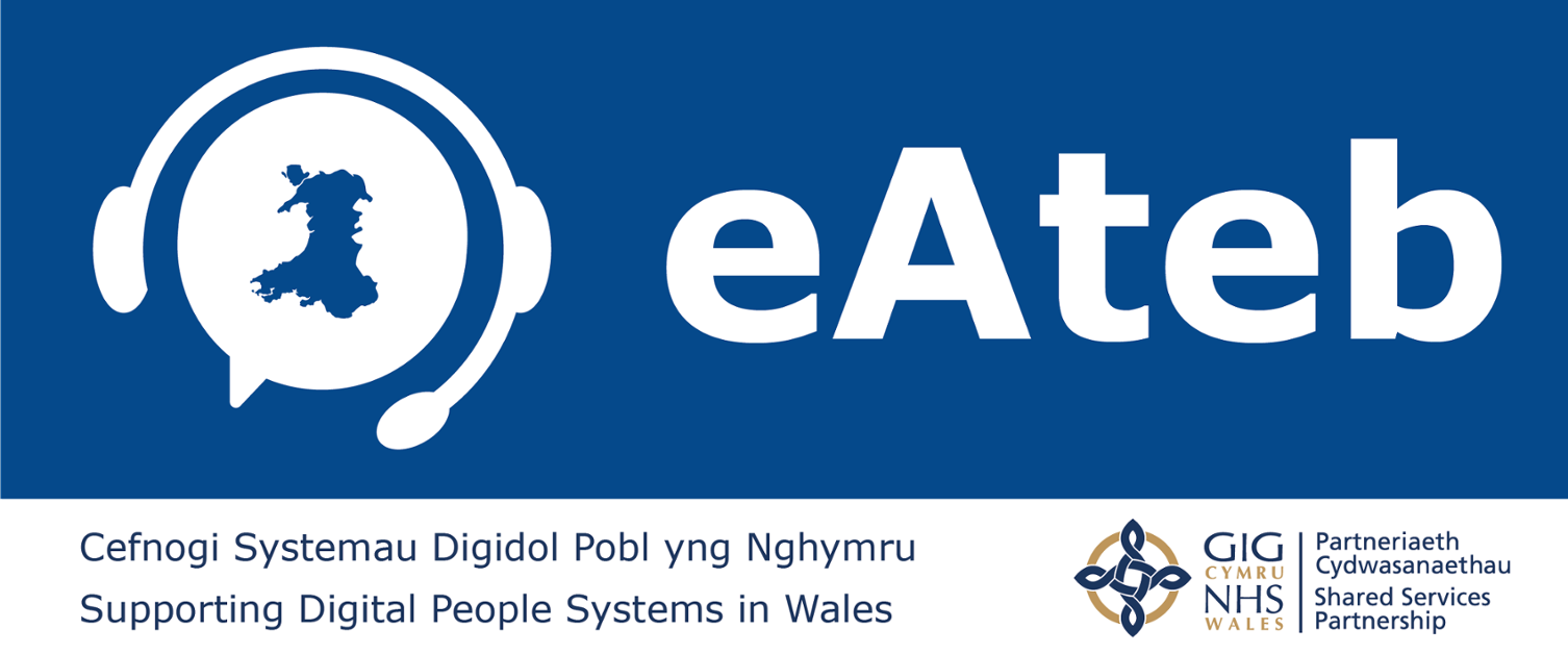 Banner image displaying the new eAteb logo. This consists of a map of wales in a speech bubble which is enclosed in a headet. 