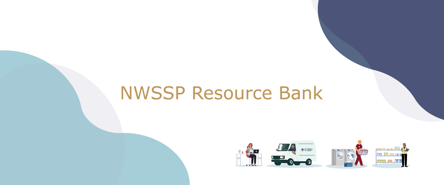 abstract background with two blobs in the bottom left and top right of the image. Then the image has NWSSP Resource Bank in the middle in gold. 