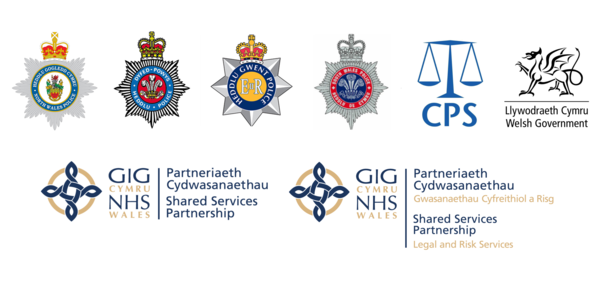 Noth, South, Gwent and Powys police, CPS Welsh Government, NHS Wales, NWSSP nad NWSSP Legal and Rsik Services logos.