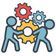 NWSSP Working Together Icon. This displays two people carrying cogs on their back, working together. 