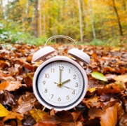 Alarm clock with autumn foliage, end of daylight saving time in autumn