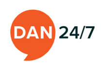 DAN 24/7 logo - orange speech bubble with 'DAN' in white writing and '24/7' in black writing