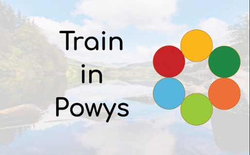 Train in Powys written in black with blurred picturesque background. and 6 coloured circles to represent the healthboards values.