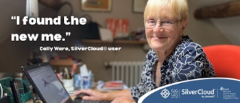 Text Reads: I found the new me. Cally Ware, SilverCloud user. Image of Cally Ware at home with laptop.
