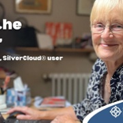 Text Reads: I found the new me. Cally Ware, SilverCloud user. Image of Cally Ware at home with laptop.