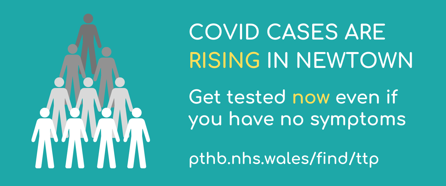 Text graphic: COVID cases are rising in Newtown. Get tested now even if you have no symptoms.