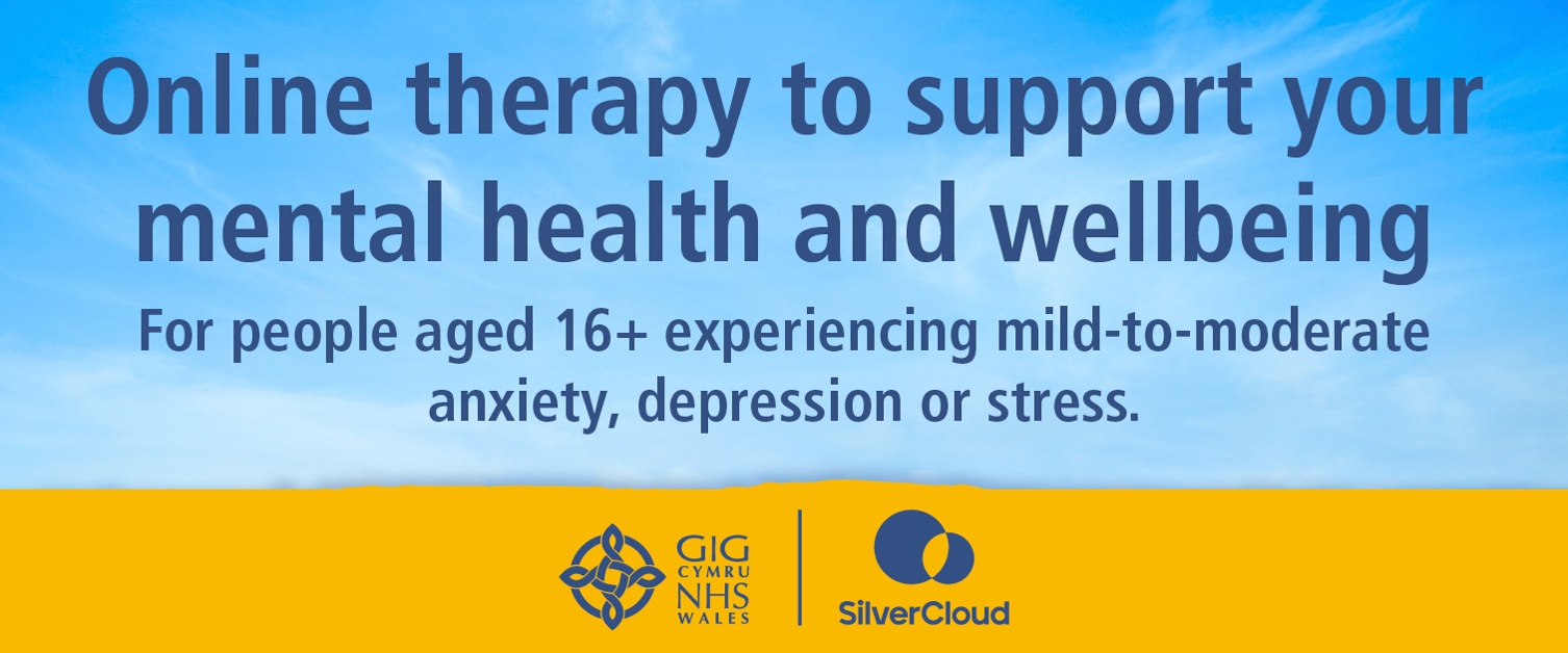 Blue and yellow image with the following writing: Online therapy to support your mental health and wellbeing. For people aged 16+ experiencing mild to moderate anxiety, depression or stress
