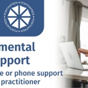 Text Reads: Blended mental health support get face to face or phone support with a blended practitioner. Image of male and female sat with laptop.