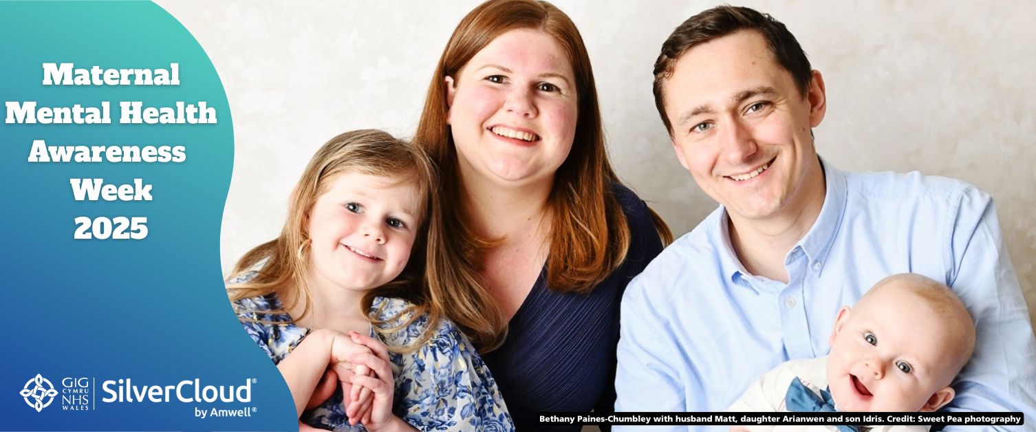 Image of family text reads Maternal Mental Health Awareness Week 2025 Bethany Paines-Chumbley with husband Matt, daughter Arianwen and son Idris. Credit: Sweet Pea photography