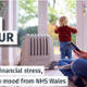 Text Reads: Take Money off your mind. Free help with financial stress, low mood and anxiety from NHS Wales. Image of woman sat on the floor looking at phone.