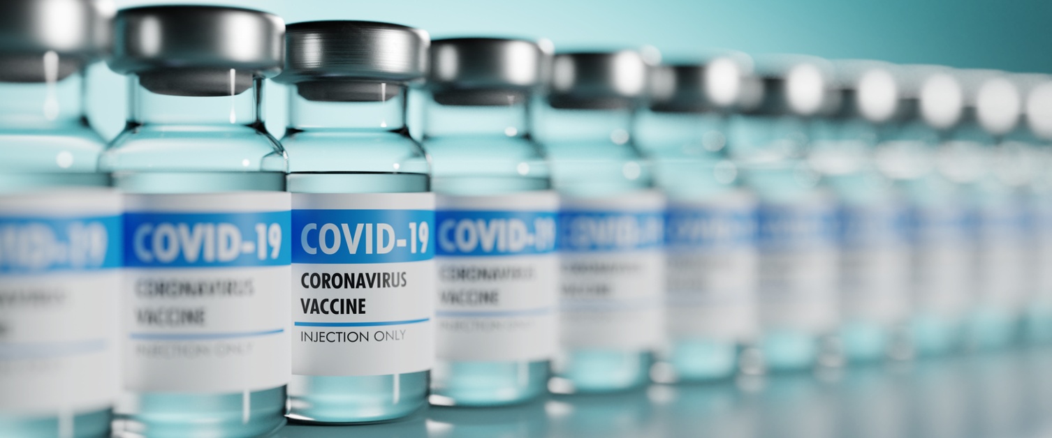 Row of Coronavirus vaccine vials