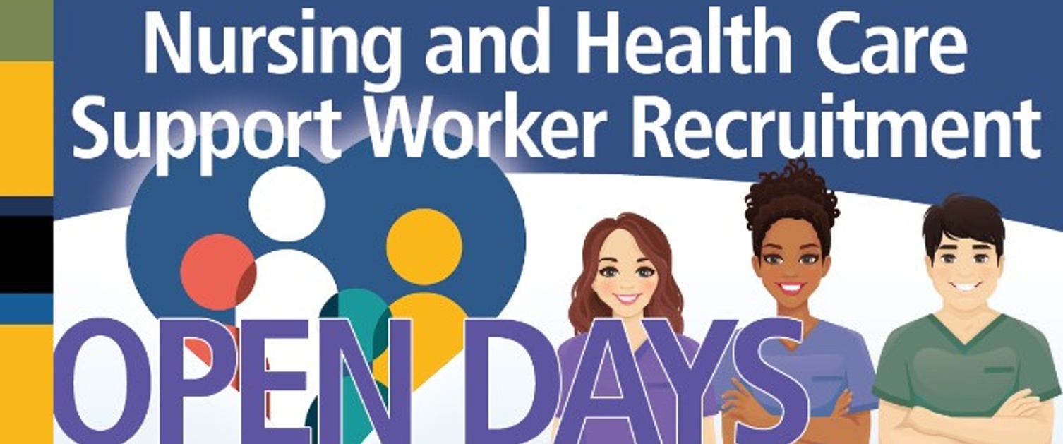 Nursing and health care support worker recruitment open days illustrations of 3 NHS workers