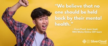 Text Reads: We believe that no one should be held back by their mental health. Image of young male happy with one arm in the air