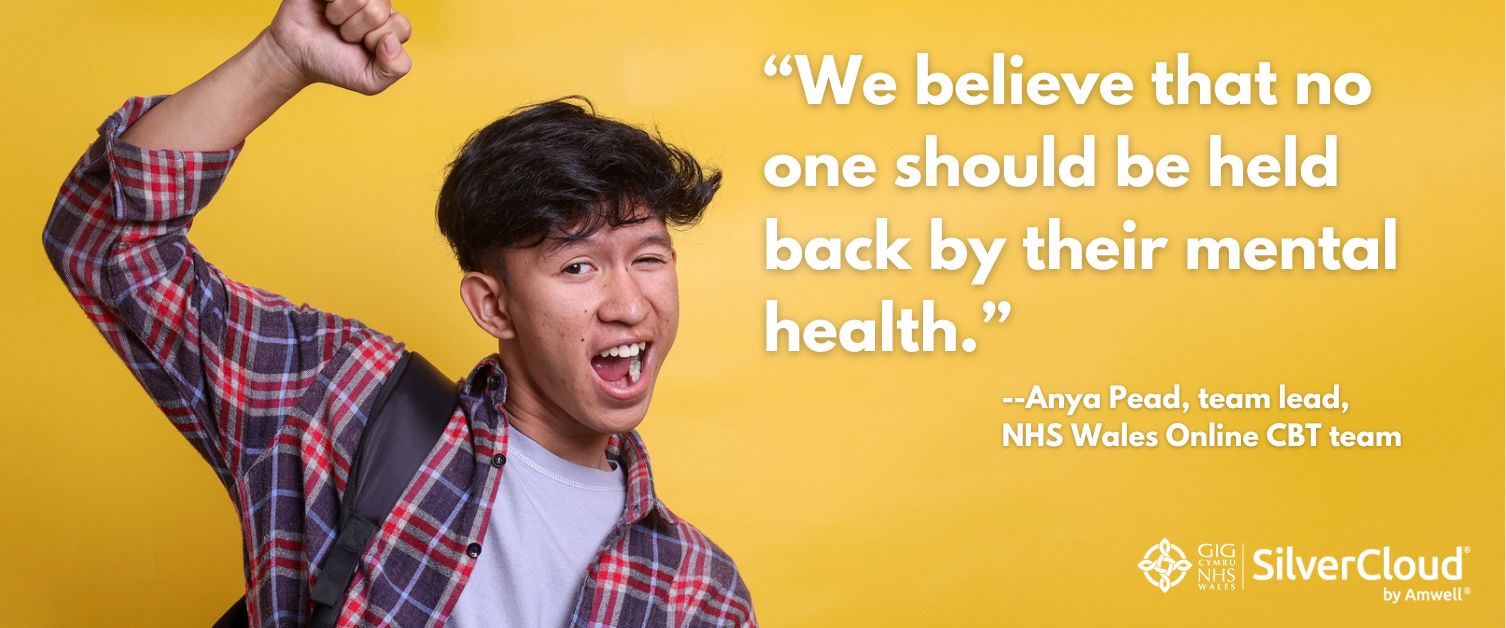 Text Reads: We believe that no one should be held back by their mental health. Image of young male happy with one arm in the air