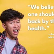 Text Reads: We believe that no one should be held back by their mental health. Image of young male happy with one arm in the air