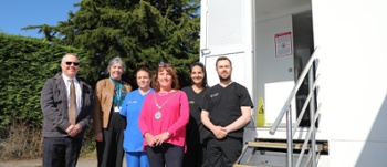 :(From left) Warren Tolley is pictured with Jacqui Bennett, Area Senior Dental Nurse,  Nicola Coulthard, Dental Nurse, Chair of Hay on Wye Town Council, Cllr. Fiona Howard, Ana Rafaela Direito Peixoto, Senior Dental Officer and Lloyd Bovensiepen, Senior D