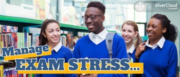 Text reads: Manage exam Stress. Image of a group of young people in school uniform