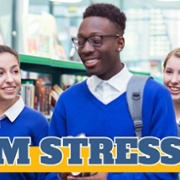 Text reads: Manage exam Stress. Image of a group of young people in school uniform
