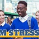 Text reads: Manage exam Stress. Image of a group of young people in school uniform