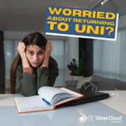 Text Reads: Worried about returning to Uni? Image of girl with hands on head and open book on table.