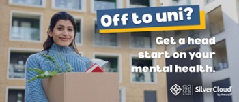 Text reads: Off to Uni? Get ahead on your mental Health. Image of girl holding box with her belongings in.