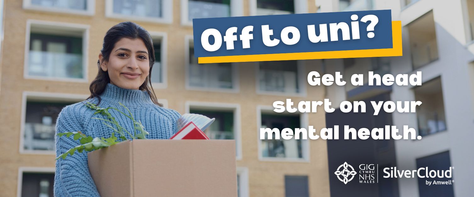 Text reads: Off to Uni? Get ahead on your mental Health. Image of girl holding box with her belongings in.