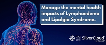 Text Reads: Manage the mental health impacts of Lymphoedema and Lipalgia Syndrome. Image of  Human lymphatic system 3D illustration.