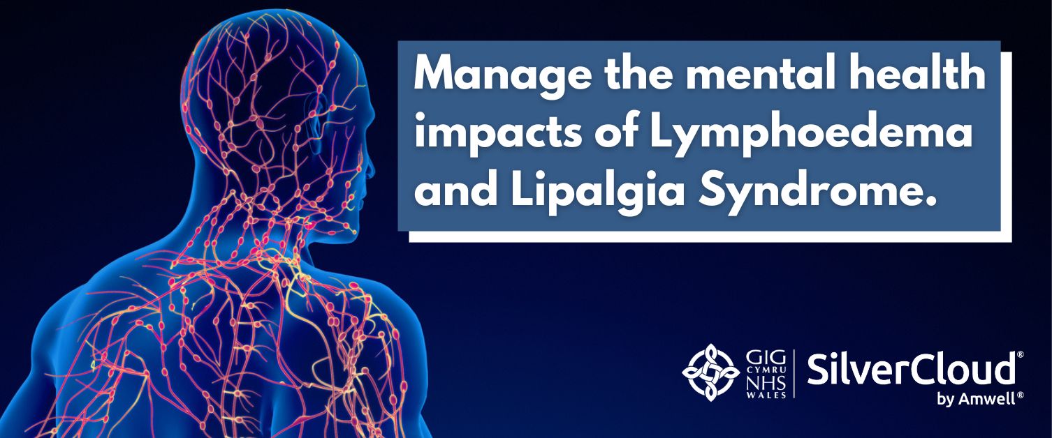 Text Reads: Manage the mental health impacts of Lymphoedema and Lipalgia Syndrome. Image of  Human lymphatic system 3D illustration.