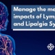 Text Reads: Manage the mental health impacts of Lymphoedema and Lipalgia Syndrome. Image of  Human lymphatic system 3D illustration.