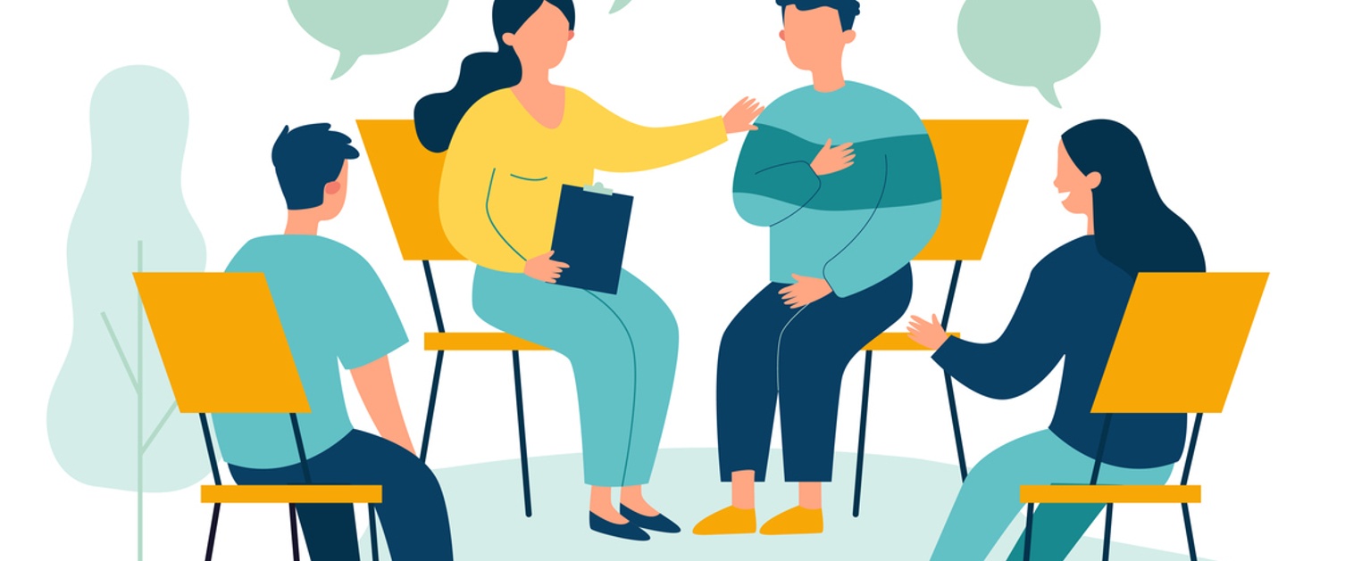 Patients sitting in circle, talking. Vector illustration for group therapy, counseling, psychology, help, conversation concept